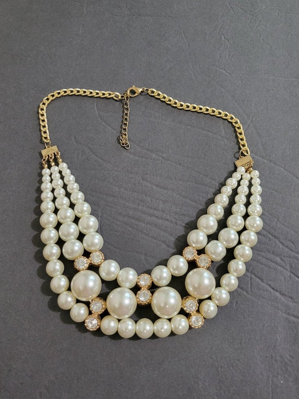 Multistrand Faux Pearl Statement Necklace White Rhinestones 21" Opulence Glam